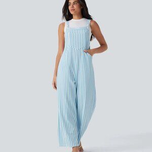 HALARA Pockets Stripe Waffle Overalls in Sky Stripe Blue L